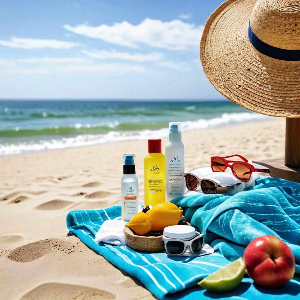 A serene beach setting featuring a colorful beach towel, a stylish sun hat, and an array of skincare products like sunscreen, aloe gel, and moisturizers. In the background, soft waves lapping at the shore with a bright blue sky. Include a pair of fashionable swimwear laid out neatly beside a refreshing drink with fruits. The atmosphere should evoke relaxation and summer fun. vibrant colors. super-realistic.